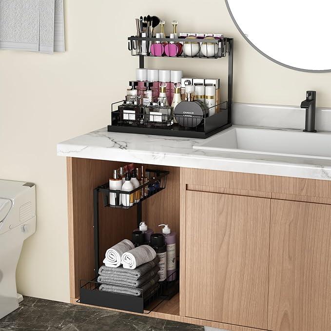 REALINN Under Sink Organizer, 2 Pack Height Adjustable Kitchen Organizers and Storage, 2 Tier Pull Out Sliding Cabinet Storage, Multi-Use for Kitchen Bathroom Cabinet - NeatNest