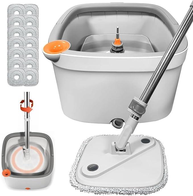 Spin Mop and Bucket Set with Self Separation System 360° Spinning Self-Wringing, Square Clean Mop and Bucket with Wringer-with Replaceable Mop (Light Grey Mop and Bucket Set 14pads) - NeatNest