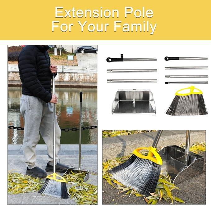 Broom and Dustpan Set, Outdoor Heavy Duty Broom with Stainless Steel Dustpan,Stiff Bristles Broom and Metal Dust Pan for Home - NeatNest