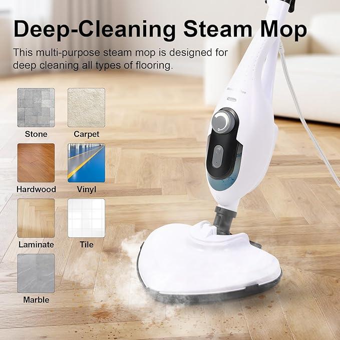 11-in-1 Steam Mop, 1550W Powerful Handheld Steam Cleaner, 260°F Multi-Functional Floor Steamer with 21.3FT Cord for Floors, Hardwood, Tiles, Grout, Windows, Kitchen, Bath, Adjustable (White) - NeatNest