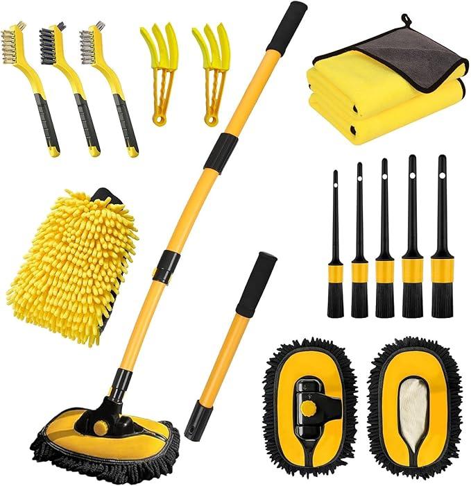 Car Wash Brush with Long Handle, 55 inch Car Wash Mop Car Wash Kit Mitt Retractable Bent Pole Car Wash Brush for Cars RV Truck Boat - NeatNest