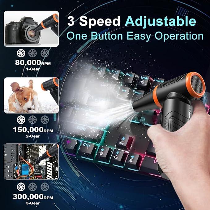 Compressed Air Duster, 300,000RPM Powerful Electric Air Duster, No Canned Air Duster-Replace Compressed Air, 3 Gear Adjustable High-Speed Air Blower for Office, Home,Car, Computer, Keyboard - NeatNest