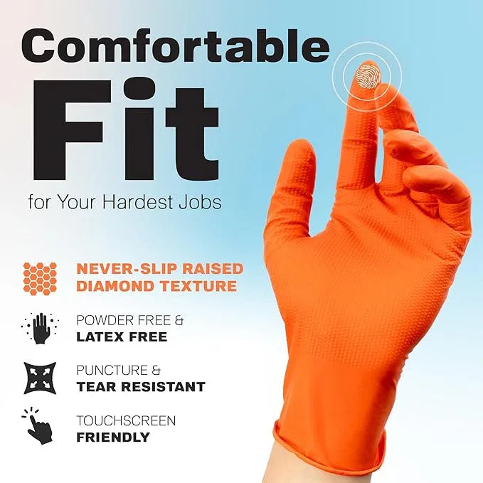 Raxwell Orange Nitrile Gloves 8.5 Mil - Powder-Free Puncture-Resistant Protection - Diamond-Texture Work Gloves with Grip - NeatNest