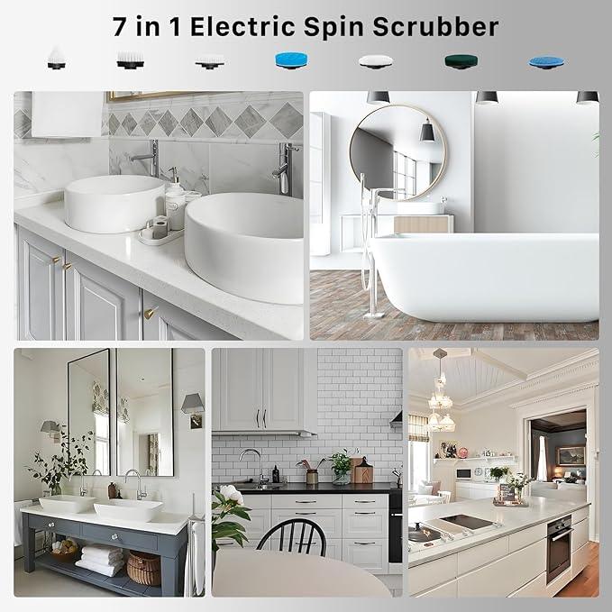 Electric Spin Scrubber, Hillyfe Bathroom Scrubber Electric with 7 Replaceable Brush Heads, IPX7 Waterproof,300/400 RPM, 3 Adjustable Length,Scrubber Brush Electric for Bathtub Floor,Black - NeatNest