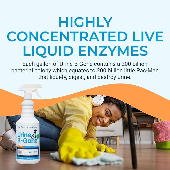 KINZUA ENVIRONMENTAL Urine B-Gone, Professional Enzyme Odor Eliminator & Pet Stain Remover, Human, Cat & Dog Urine Cleaner, Effective on Laundry, Carpets & More, Citrus Scent, 32oz - NeatNest