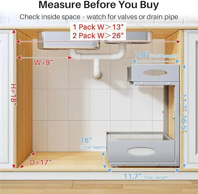 Under Sink Organizer, 2 Tier Pull Out Under Cabinet Organizer Shelf with Pad for Framed Cabinets, Metal Slide Out Under Sink Storage, Mesh Sliding Drawers for Kitchen Bathroom Laundry(Grey, 1 Pack) - NeatNest