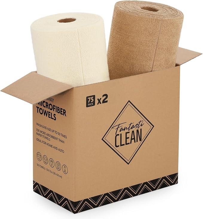 Fantasticlean Microfiber Cleaning Cloth Roll -150 Pack, Tear Away Microfiber Towels, 12" x 12", Reusable, Washable, Ultra Absorbent Dishcloth for Home Supplies, Car, Pet, Kitchen (Tan & Beige) - NeatNest