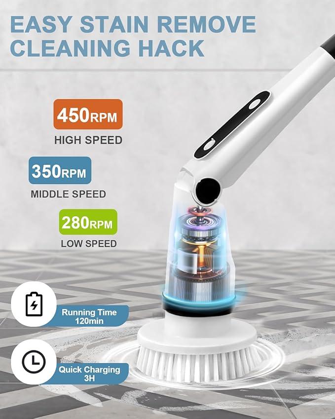 IEZFIX Electric Spin Scrubber, Bathroom Power Shower Scrubber Cleaning Brush for Tub/Tile/Floor/Toilet/Kitchen, 8 Cleaner Scrub Brush Heads, 3 Speeds 450RPM Max, Telescopic Rod Black - NeatNest