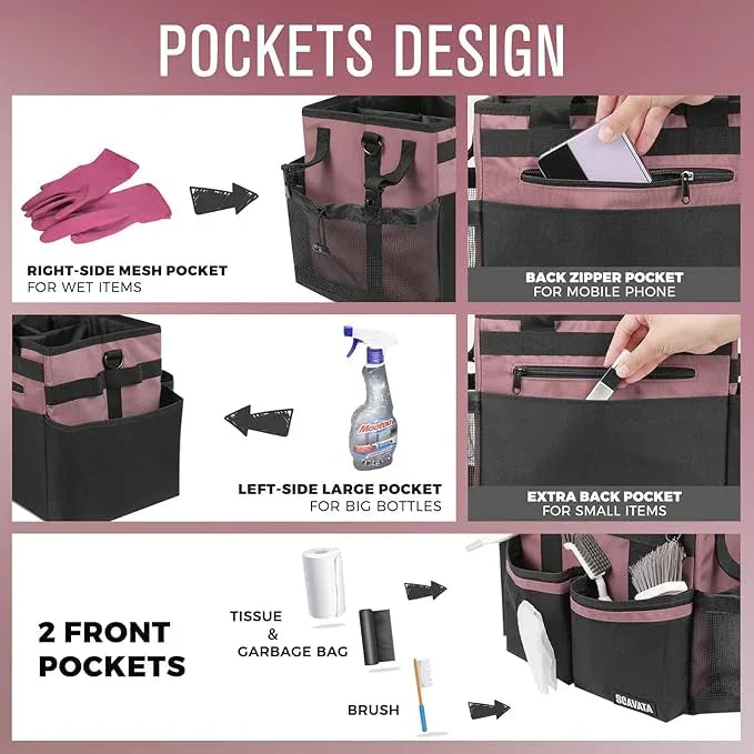 Compact Wearable Cleaning Caddy, Small Cleaning Caddy Supplies Organizer with Handle & Shoulder Straps for Housekeepers, Under Sink & Car Cleaning Tool Organizers Bag (LotusPink) - NeatNest