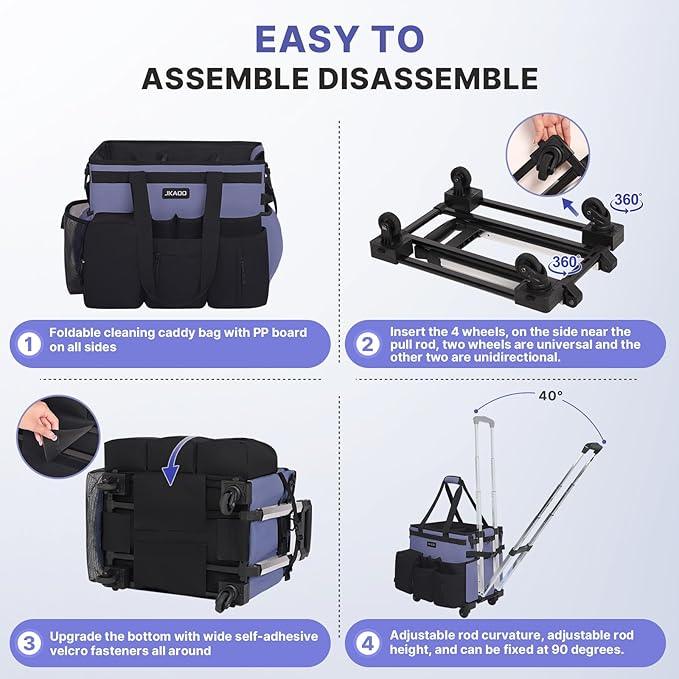 Large Rolling Cleaning Caddy Bag with Detachable Trolley, Waterproof Cleaning Caddy on Wheels for Housekeepers, Cleaning Cart Supplies Organizer for Home,Car,Office,Picnic (Denim Blue)(InPatent) - NeatNest