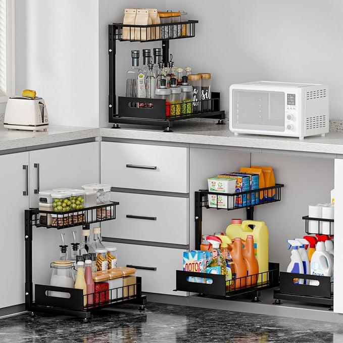 2 Pack Pro Under Sink Organizer Storage: Premium Metal 2-Tier Pull-Out Wire Basket Organizer, L Shape Height Adjustable, Easy Installation | Kitchen & Bathroom Cabinet Organizers - NeatNest