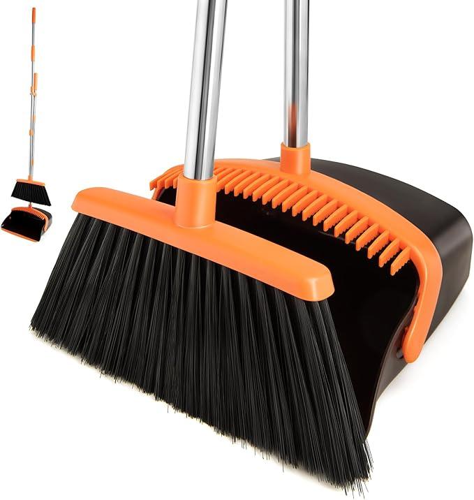 Broom and Dustpan Set,Dustpans with Broom Combo for Home,Heavy Dust Broom and Dustpan Combo,Long Handle Dust Pan and Broom Set for Kitchen Office,Pet Hair(Brown Orange) - NeatNest