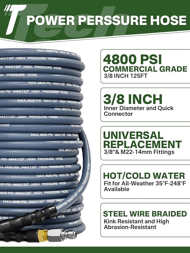 3/8" 4800PSI Pressure Washer Hose 125FT with Swivel Quick Connect for Cold/Hot Water Max 248°F, Kink Resistant Steel Wire Braided, Wear Resistant Power Washer Hose with M22 14mm Adapter - NeatNest