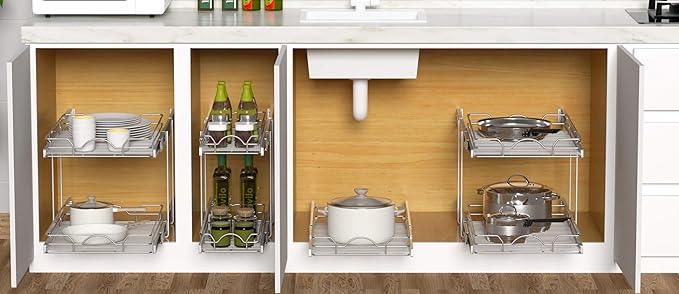 OCG 2 Tier Pull Out Cabinet Organizer (22.5" W x 21.5" D), Pull Out Drawers for Kitchen Cabinets, Pull Out Shelves for Base Cabinet Organization in Kitchen Bathroom Pantry, Chrome Finish - NeatNest