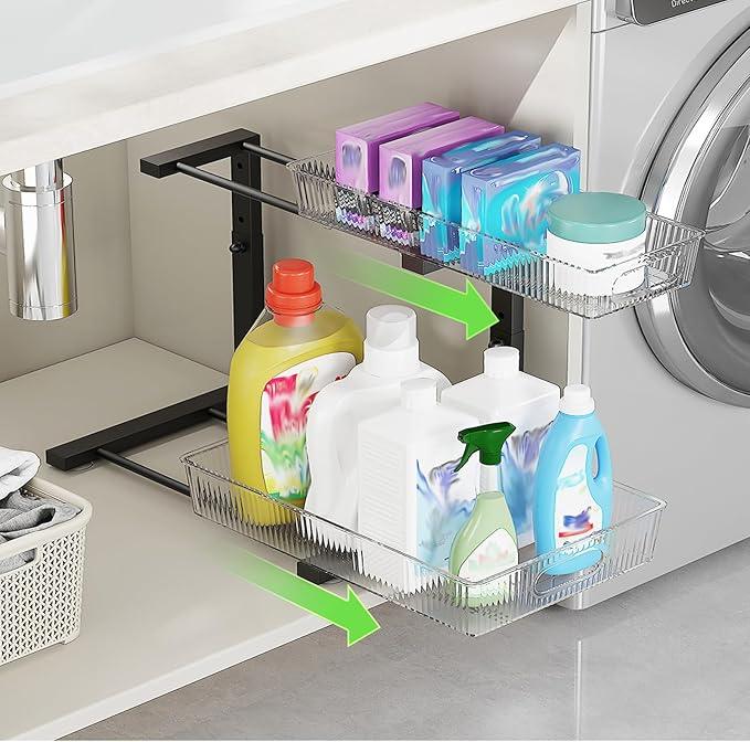 Under Sink Organizer, 2 Tier Pull Out Storage Organizer, Slide Out Storage Shelf for Bathroom & Kitchen, Under Cabinet Organizer and Storage with 5 Gears Height Adjustable (Black, 1 Pack) - NeatNest