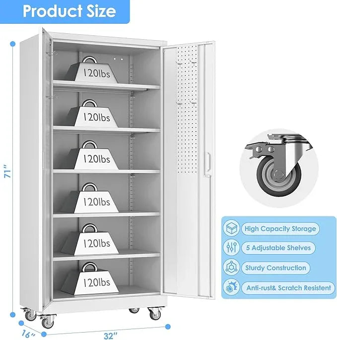 SUXXAN Garage Storage Cabinet with Pegboard and 5 Adjustable Shelves, 71'' x 32'' x 16''Metal Lockable Cabinet with Magnetic Doors,Tool Storage,Home Office Garage,Gym,School(White) - NeatNest