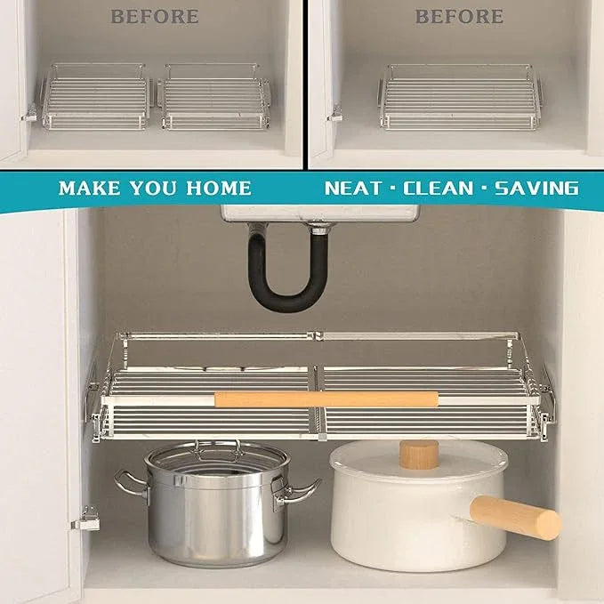 Pull Out Cabinet Shelf, Slide Out Cabinet Organizer Heavy Duty Under Sink, Anti Rust Kitchen Organizer Basket, Smooth Roll Expandable Sliding Drawer, 2 Pack Chrome 15.9''-26.2'' - NeatNest