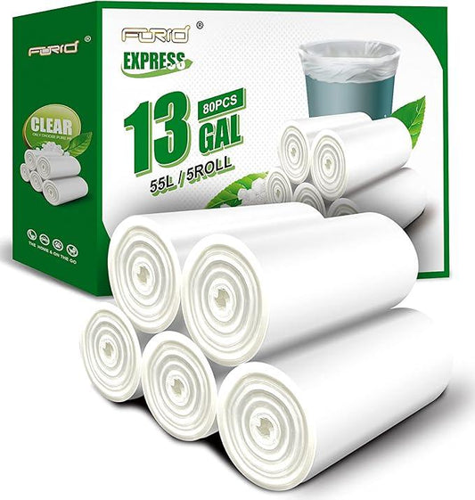 FORID 13 Gallon Trash Bags - Clear Plastic Garbage Bag Unscented Tall Medium Can Liners for Kitchen Office Home Waste Basket 5 Roll 55 Liters 80 Counts - NeatNest