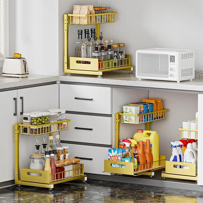 2 Pack Pro Under Sink Organizer Storage: Premium Metal 2-Tier Pull-Out Wire Basket Organizer, L Shape Height Adjustable, Easy Installation | Kitchen & Bathroom Cabinet Organizers - NeatNest