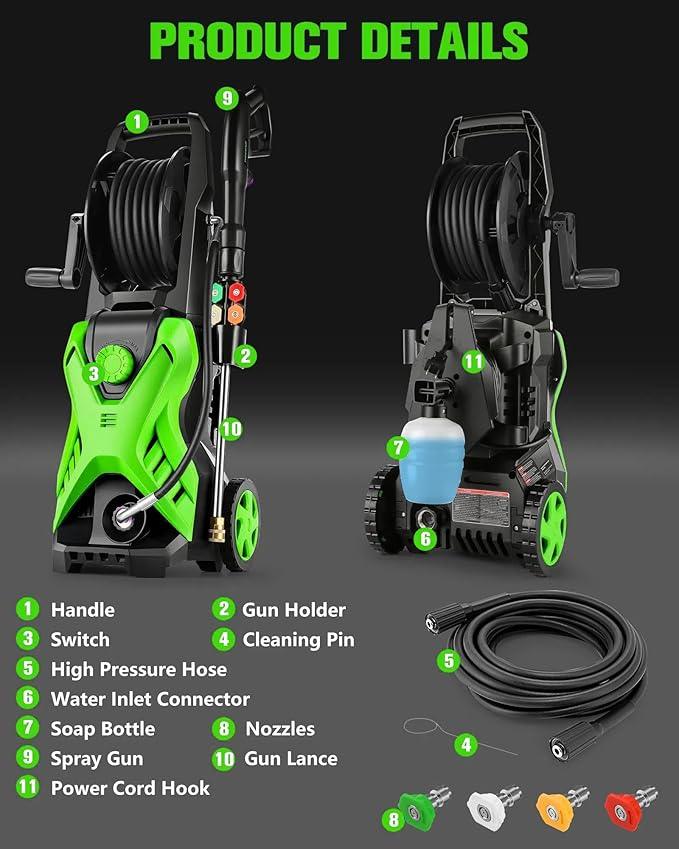 Electric Pressure Washer, 2.8 GPM High Power Washer Adjustable Pressure 2500PSI-5000PSI with 33FT Extension Hose Reel, 4 Nozzles and Soap Bottle for Cars/Fences/Driveways - NeatNest