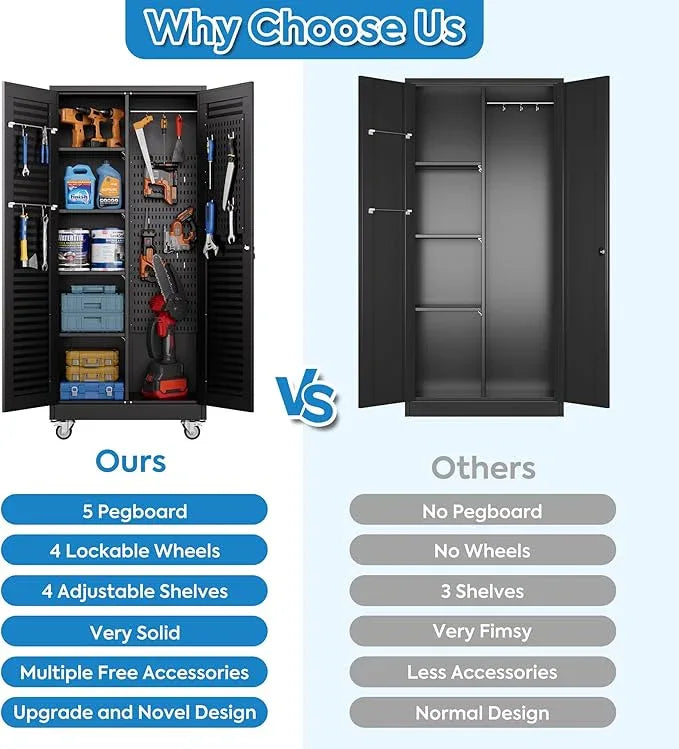 SUXXAN Broom Closet with Wheels 71"x 31.5"x15.75", Metal Cleaning Cabinets with Louvered Doors Hooks and Hanging Rods, Lockable Cabinet with Pegboard, Adjustable Shelf,for Garage, Laundry Room - NeatNest