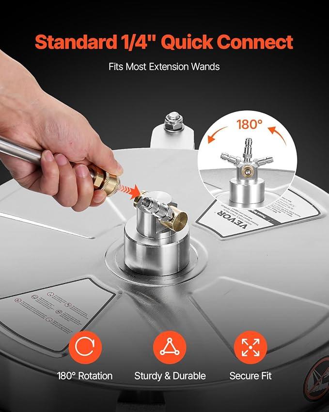 VEVOR 15" Pressure Washer Surface Cleaner, Stainless Steel Pressure Washer Attachments with 4 Wheels, 4000 Max PSI, 1/4 Quick Connector, 2 Spray Nozzles, 2 Extended Wands for Concrete, Patio, Deck - NeatNest