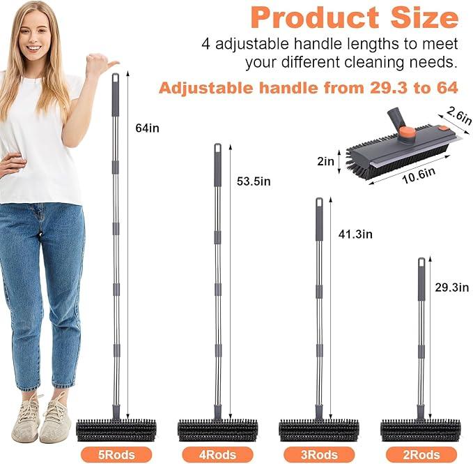 Floor Scrub Brush with 64" Long Handle - 360° Swivel Heads Household Push Brush with Squeegee and Right Angled Bristle for Cleaning Concrete Floors Grout Gardens Patio Deck Concrete Garage Heavy Duty - NeatNest