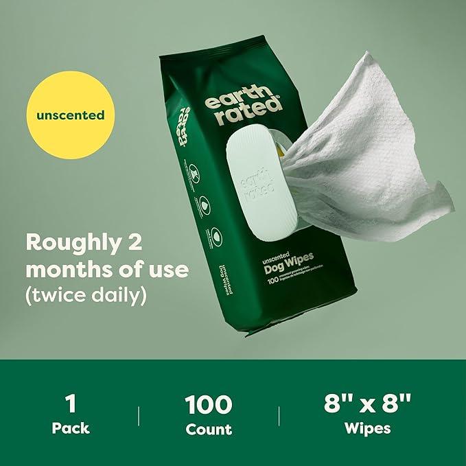 Earth Rated Pet Wipes for Dogs and Cats, Hypoallergenic, Cleaning and Hydrating, for Grooming Paws, Body and Butt, Unscented, 100 Count - NeatNest