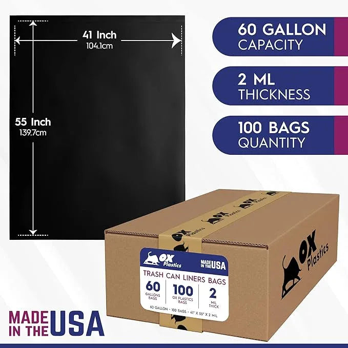 Ox Plastics 60 Gallon Trash Can Liners Garbage Bags - 100 Count & 2mil Thick Extra Heavy Duty Trash Bag Strength -Large Garbage, Leak-Proof & Durable - NeatNest