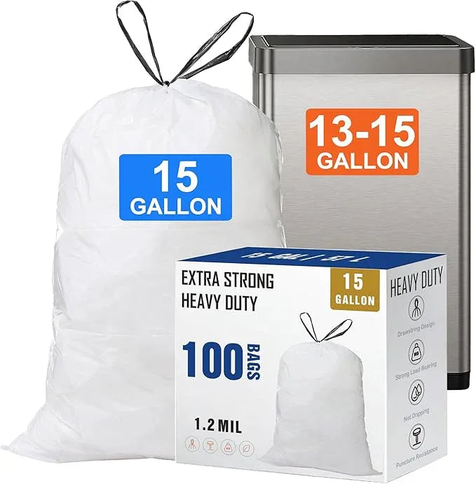 15 Gallon Drawstring Trash Bags (100 Count) 1.2 Mil Heavy Duty Garbage Bags Fit for 13-15 Gallon Trash Can Tear & Leak Resistant for Home Office Kitchen Bathroom Bedroom - NeatNest
