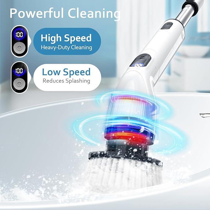 TUYU Electric Spin Scrubber, Full-Body IPX7 Waterproof Bathroom Scrubber with Power LCD Display, 8 Replacement Head, Adjustable Extension Handle, Cordless Shower Cleaner Brush for Bathtub Cleaning - NeatNest