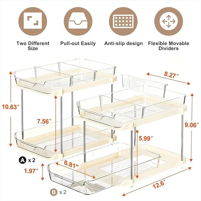 Delamu 2-Tier Multi-Purpose Bathroom Under Sink Organizers and Storage, Stackable Kitchen Pantry Organization, Pull Out Medicine Cabinet Organizer with Movable Dividers, Beige, 4 Pack - NeatNest
