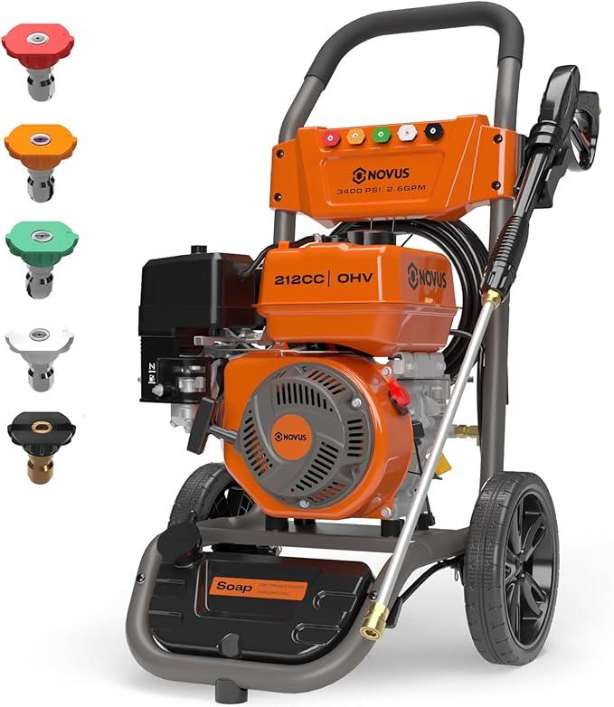 NOVUS Gas Pressure Washer 3400 PSI, 2.6 GPM Power Washer with 30FT Extra-Long Hose, 5 Nozzles, Onboard Soap Tank, 212CC Engine, Spray Gun and Wand, for Vehicles Driveways Patios Fences Furniture - NeatNest