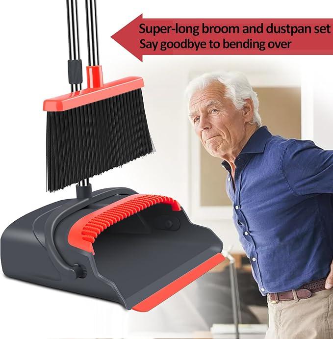 kelamayi Upgrade Broom and Dustpan Set, Broom with Dustpan Combo Set, Large Size and with Long Handle, Upright,Ideal for Indoor Outdoor Garage Kitchen Room Office Lobby Use (Black&Red) - NeatNest