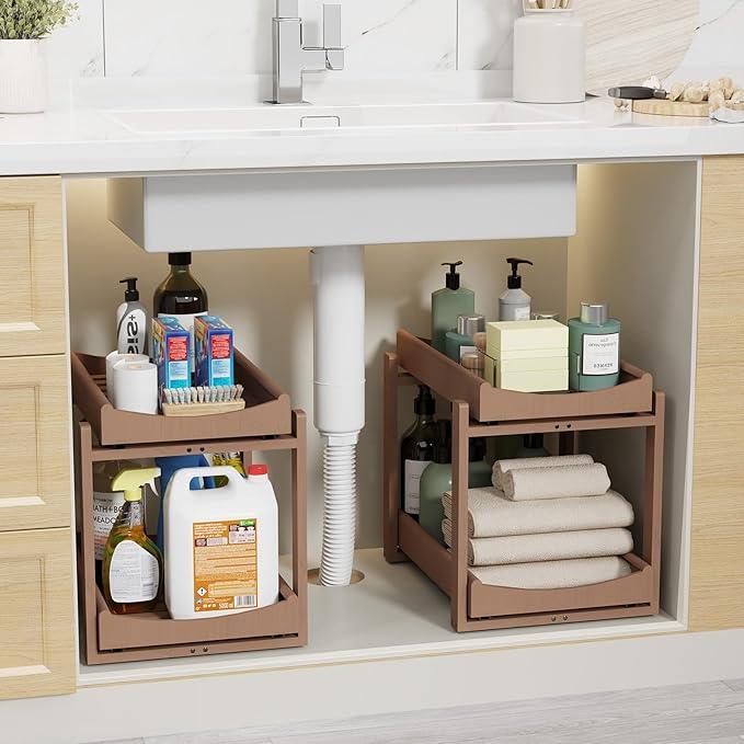 Bamboo Under Sink Organizer Adjustable Height 2 Tier Bathroom Organizer Pull Out Cabinet Storage Kitchen Heave Duty Wood Slide Ou Shelf for Kitchen Bathroom (Brown, 2 Packs) - NeatNest