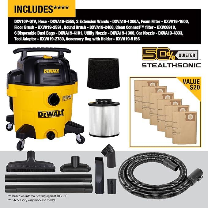 DEWALT 10 Gallon Stealthsonic Wet/Dry Vacuum, 5 Peak HP Ultra-Quiet Shop Vac with Full Accessory Kit & 6 Bonus Dust Bags, 1-7/8 in. x 7 ft. Hose for Job Sites, Workshops & Garages - NeatNest