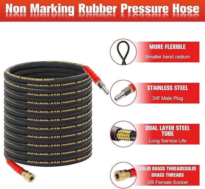 50FT Pressure Washer Hose 3/8''- 5000 PSI High Tensile Wire Braided Kink Resistant Power Washer Hoses Extension, Hot & Cold Water Max 212°F with 2 Pcs M22-14mm 3/8" Quick Connect Kits - NeatNest