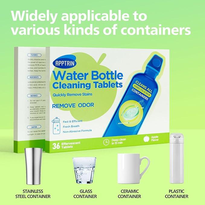 Water Bottle Cleaning Tablets, Bottle Clean Tablet for Hydration Bladders, Stainless Steel, Tumblers, and Glass Bottles, 36 count (Pack of 1), Apple - NeatNest
