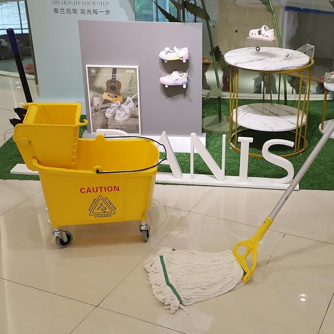 Commercial Mop Bucket with Side Press Wringer on Wheels, 35Qt,Yellow Including One Commercial Mop - NeatNest