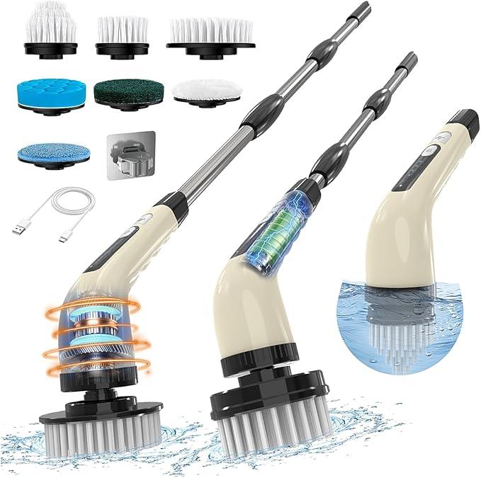 Electric Spin Scrubber, Cordless Cleaning Brush, Shower Scrubber with 7 Replaceable Brush, 2 Speeds and Adjustable Extension Handle for Bathroom Shower Bathtub Glass Car(Beige) - NeatNest
