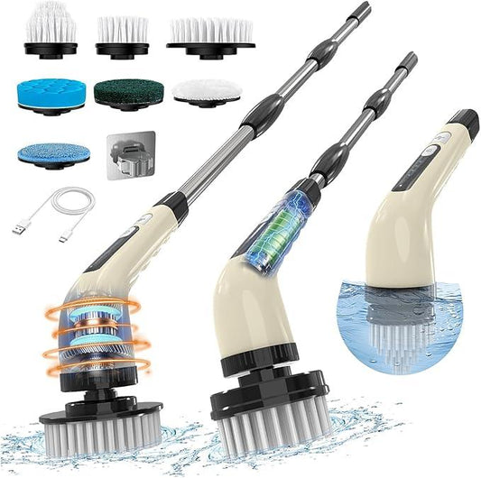 Electric Spin Scrubber, Cordless Cleaning Brush, Shower Scrubber with 7 Replaceable Brush, 2 Speeds and Adjustable Extension Handle for Bathroom Shower Bathtub Glass Car(Beige) - NeatNest