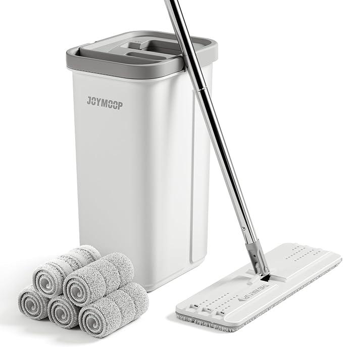 JOYMOOP Mop and Bucket with Wringer Set, Hands Free Flat Floor Mop and Bucket, with 5 Washable Microfiber Pads, Wet and Dry Use, Floor Cleaning System - NeatNest