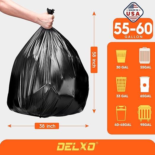 Delxo 55-60 Gallon Trash Bags, 100 Count – 0.9 Mil Medium Duty Garbage Bags, Durable & Puncture-Resistant Plastic Bolsas para basura, Perforated Design– Made in USA for Kitchen, Yard, Office (Black) - NeatNest