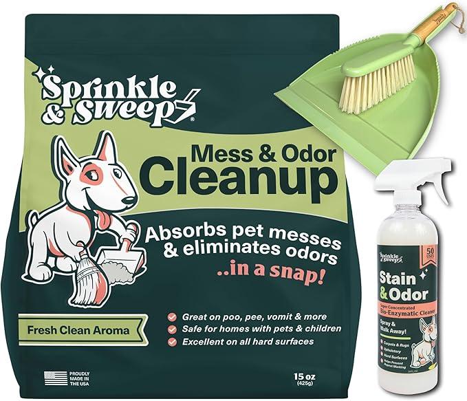 Sprinkle & Sweep Pet Accident Cleanup for all Hard Surface - Non Toxic Quick Pet Mess Cleaner & Odor Remover for Urine, Poop, Vomit, Diarrhea & Potty Training (1Bag + Sweepr Kit + 1 Spray) - NeatNest
