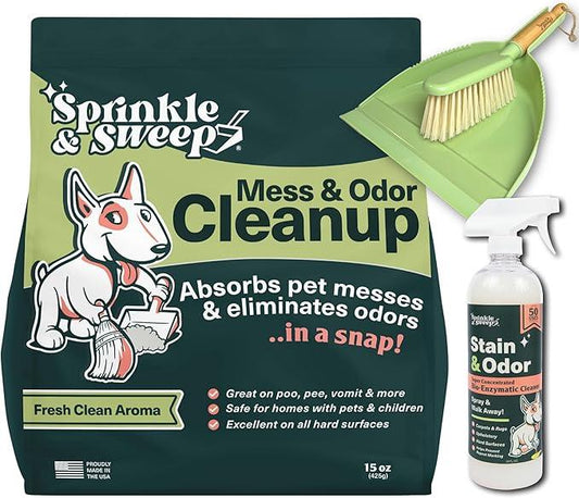 Sprinkle & Sweep Pet Accident Cleanup for all Hard Surface - Non Toxic Quick Pet Mess Cleaner & Odor Remover for Urine, Poop, Vomit, Diarrhea & Potty Training (1Bag + Sweepr Kit + 1 Spray) - NeatNest