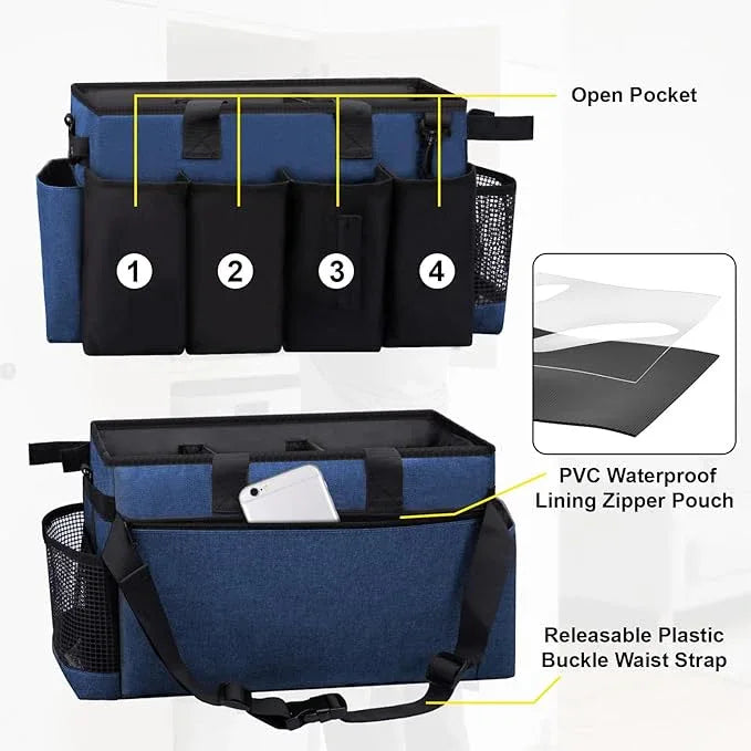 Wearable Large Cleaning Caddy Bag for Housekeeper, Clean Supply Organizer with Adjustable Shoulder, Waist & Handle Straps, Detailing Bag for Kitchen Supplies (Blue) - NeatNest