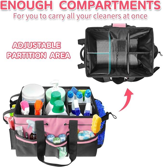 Boczif Cleaning Caddy Bag Wearable, Cleaning Caddy Supplies Organizer with Handle, Shoulder Straps & Detachable Divide, Cleaning Tool Organizers Tote Bag for Cleaners & Housekeepers(Pink) - NeatNest