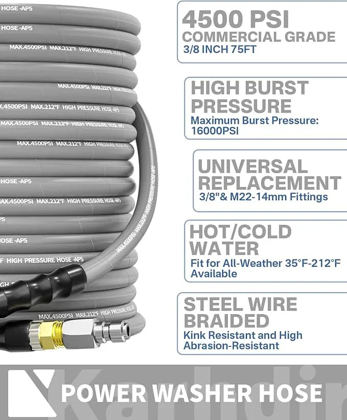 Pressure Washer Hose 75FT 3/8" for Cold and Hot Water 212°F, with Swivel Quick Connect, 4500PSI Kink Resistant Grade Steel Wire Braided, Power Washer Hose With 2pcs M22-14mm Adapter - NeatNest