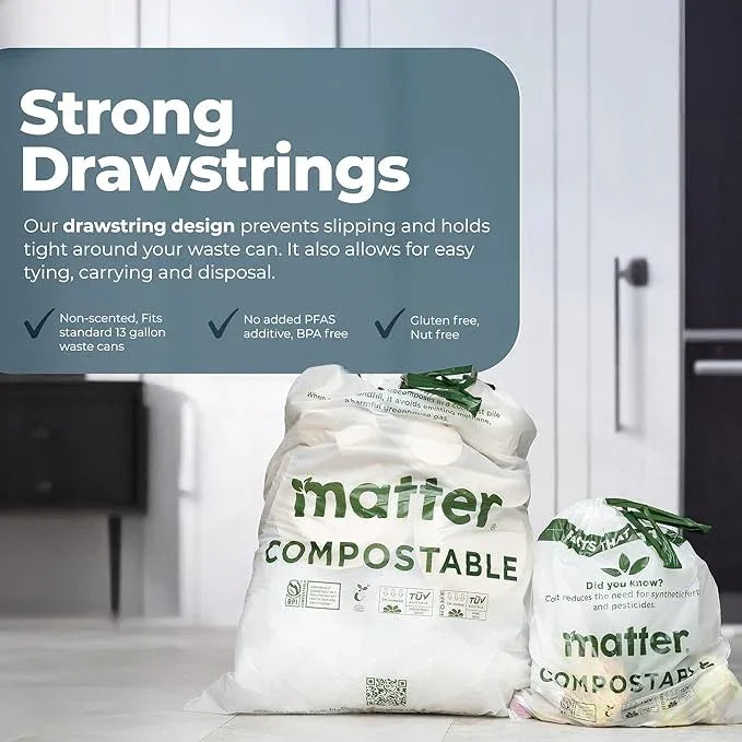 Matter Compostable Variety Pack 3 Gallon and 13 Gallon Kitchen Trash Bags with Drawstring, Unscented, Durable, Leak-Resistant, Eco-Friendly, 70 Count - NeatNest