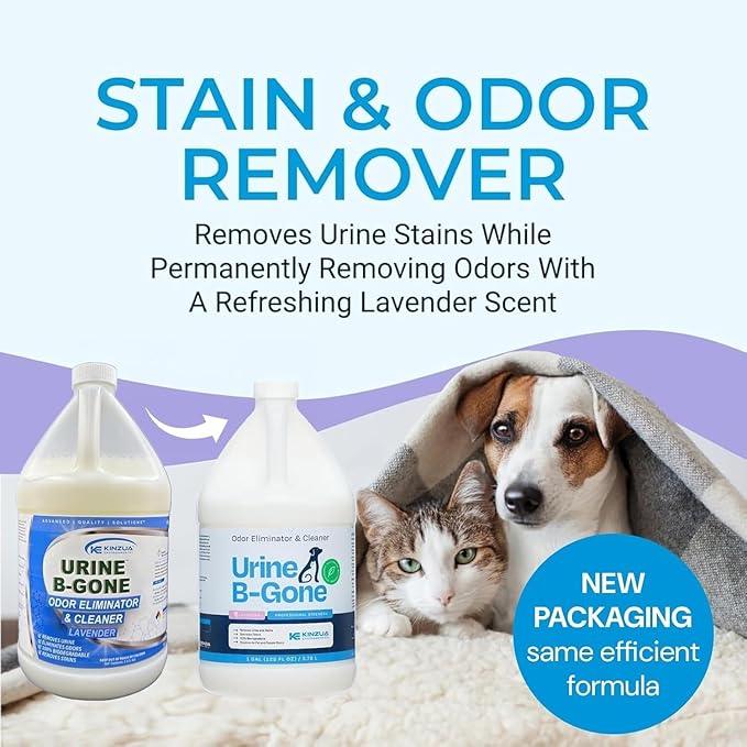 KINZUA ENVIRONMENTAL Urine B-Gone, Professional Enzyme Odor Eliminator & Pet Stain Remover, Human, Cat & Dog Urine Cleaner, Effective on Laundry, Carpets & More, Lavender Scent, 1 Gallon - NeatNest